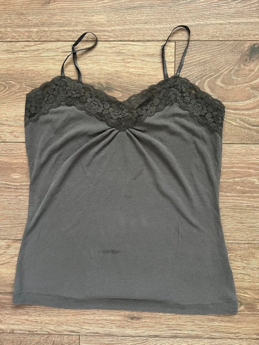 Vintage Y2K Worthington Gray Lace Trim Ribbed Stretch Cami Tank PM Petite Medium